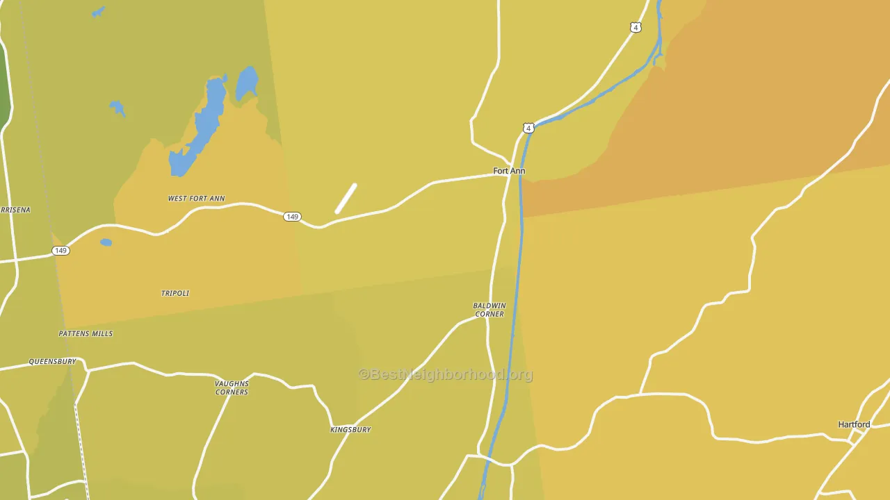 Map of the best neighborhoods in the Fort Ann area, with better matches in green and worse matches in red