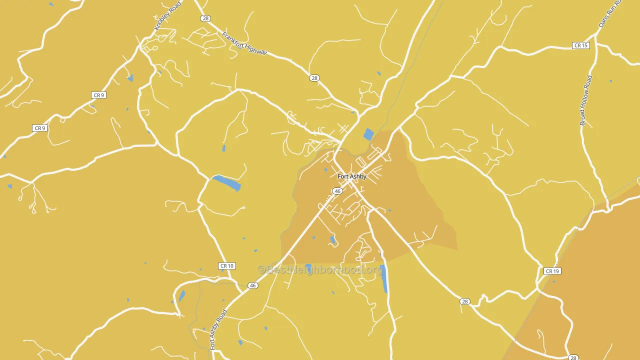 Map of the best neighborhoods in the Fort Ashby area, with better matches in green and worse matches in red