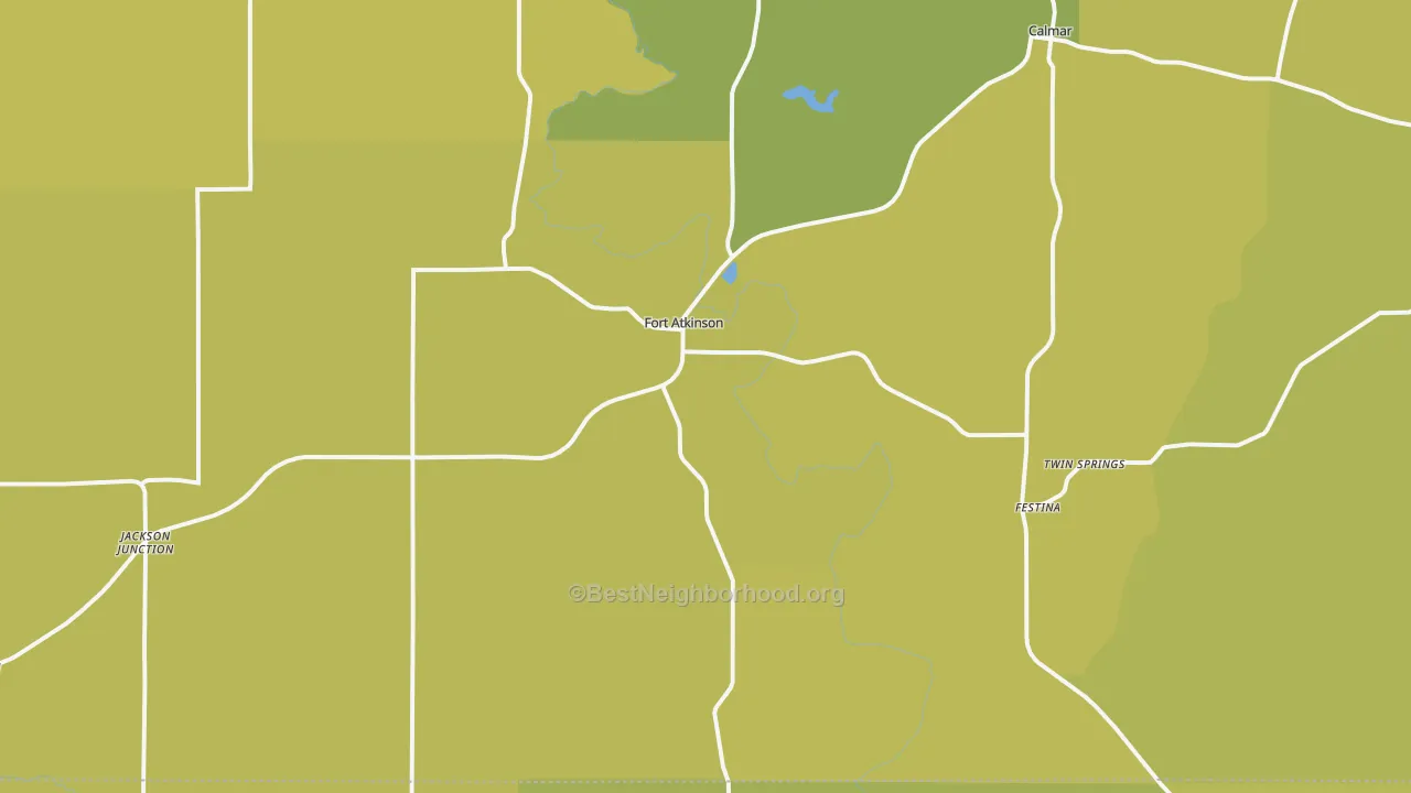 Map of the best neighborhoods in the Fort Atkinson area, with better matches in green and worse matches in red