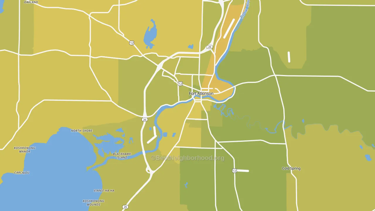 Map of the best neighborhoods in the Fort Atkinson area, with better matches in green and worse matches in red