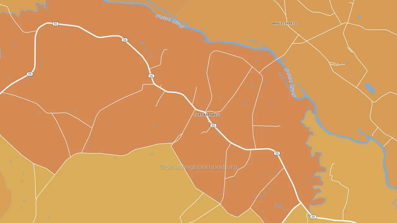 Map of the best neighborhoods in the Fort Barnwell area, with better matches in green and worse matches in red