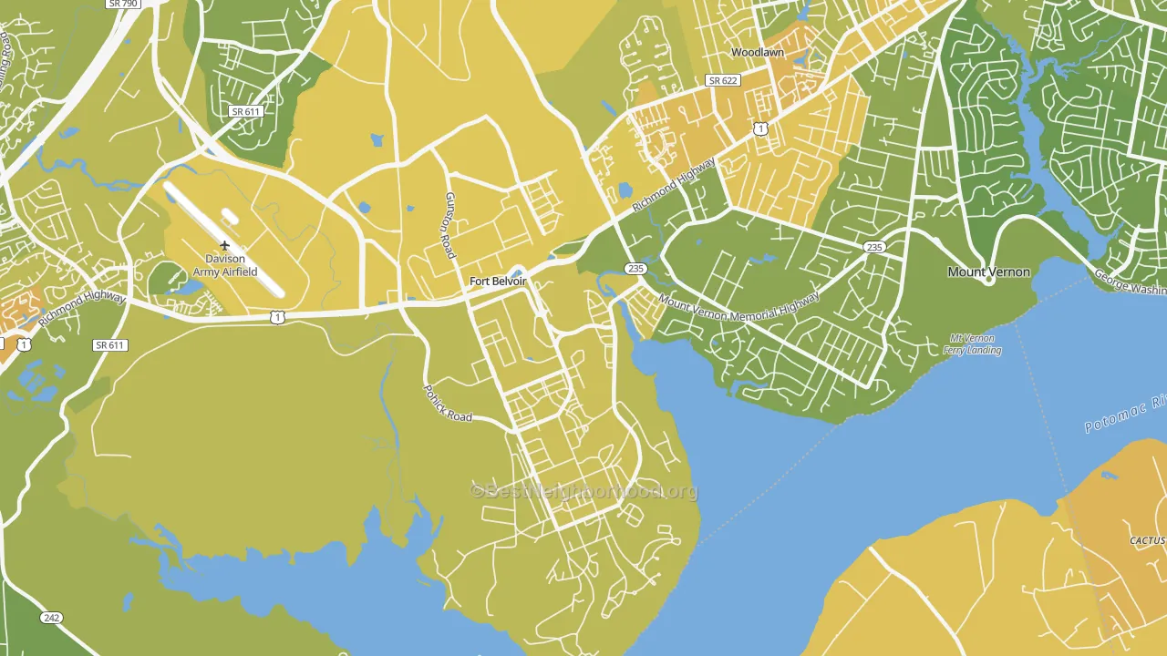 Map of the best neighborhoods in the Fort Belvoir area, with better matches in green and worse matches in red