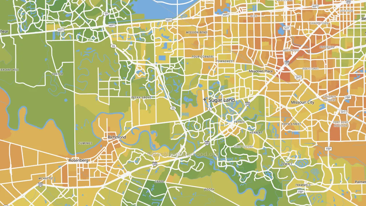 Map of the best neighborhoods in the Fort Bend County area, with better matches in green and worse matches in red