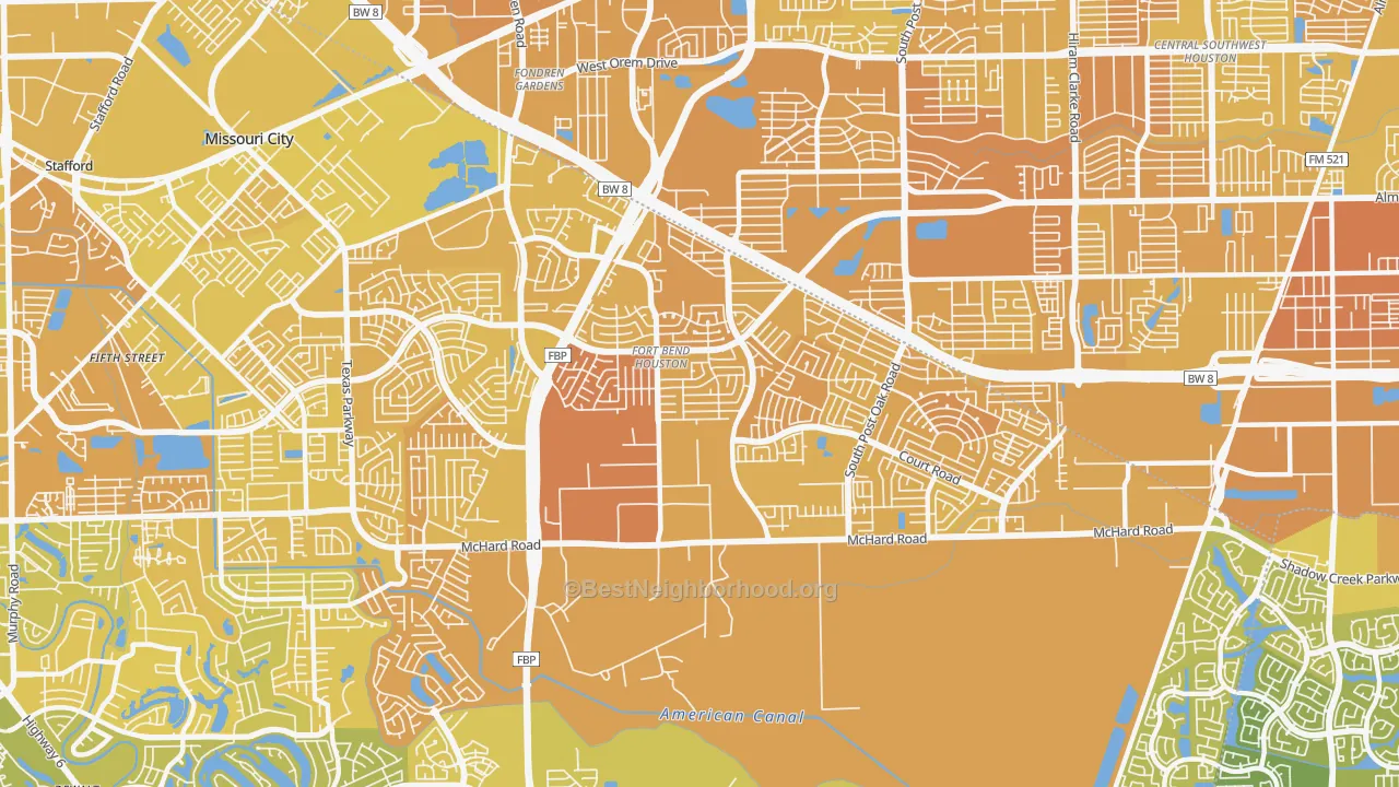 Map of the best neighborhoods in the Fort Bend Houston, Missouri City area, with better matches in green and worse matches in red