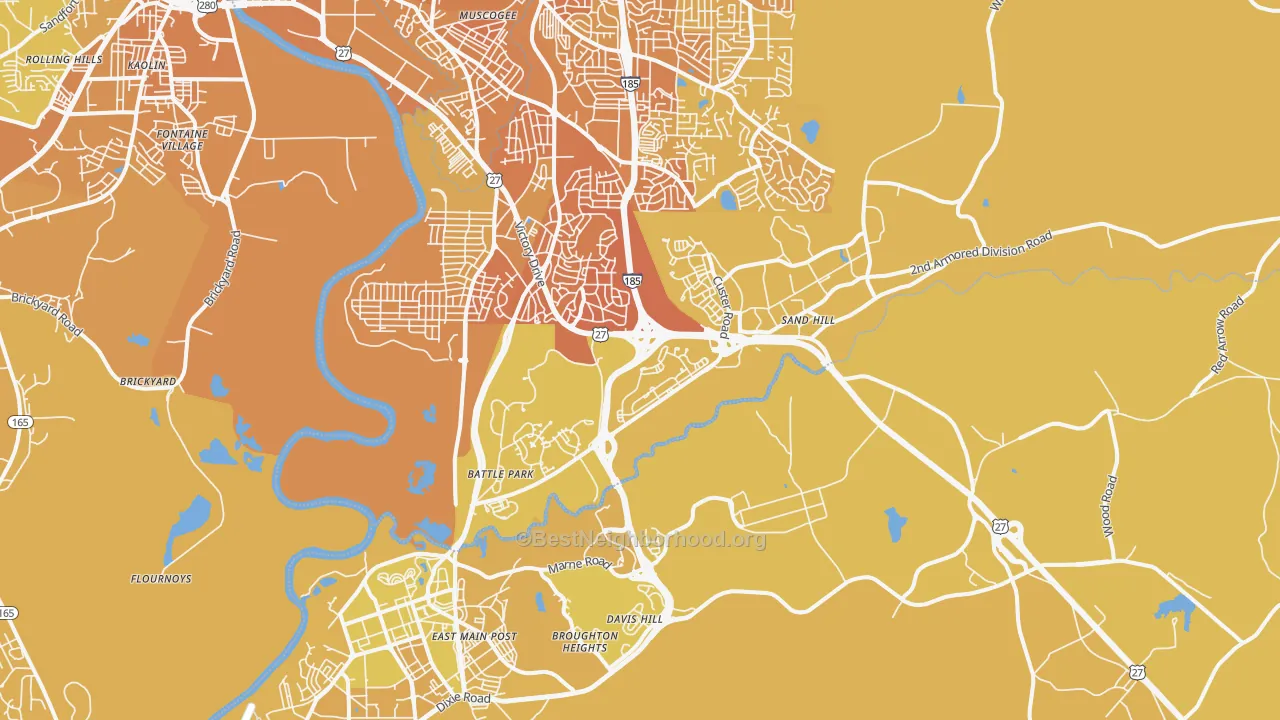 Map of the best neighborhoods in the Fort Benning area, with better matches in green and worse matches in red