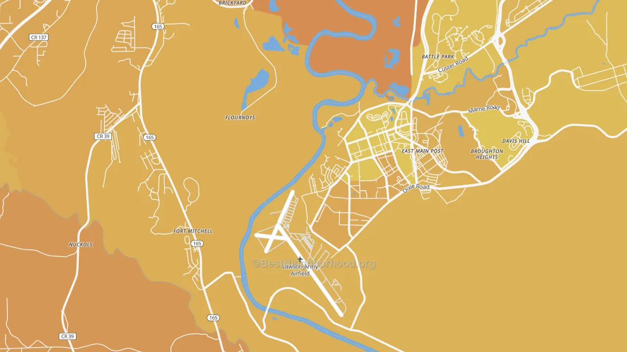 Map of the best neighborhoods in the Fort Benning South area, with better matches in green and worse matches in red