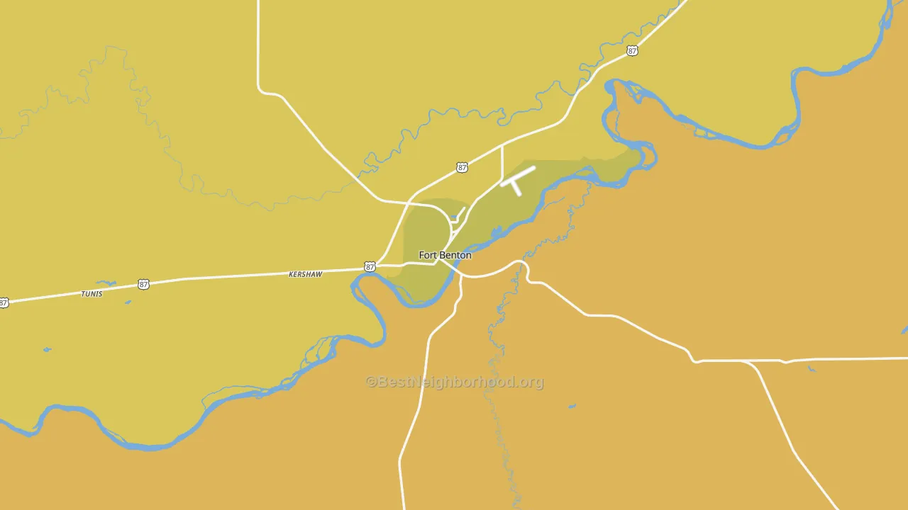Map of the best neighborhoods in the Fort Benton area, with better matches in green and worse matches in red