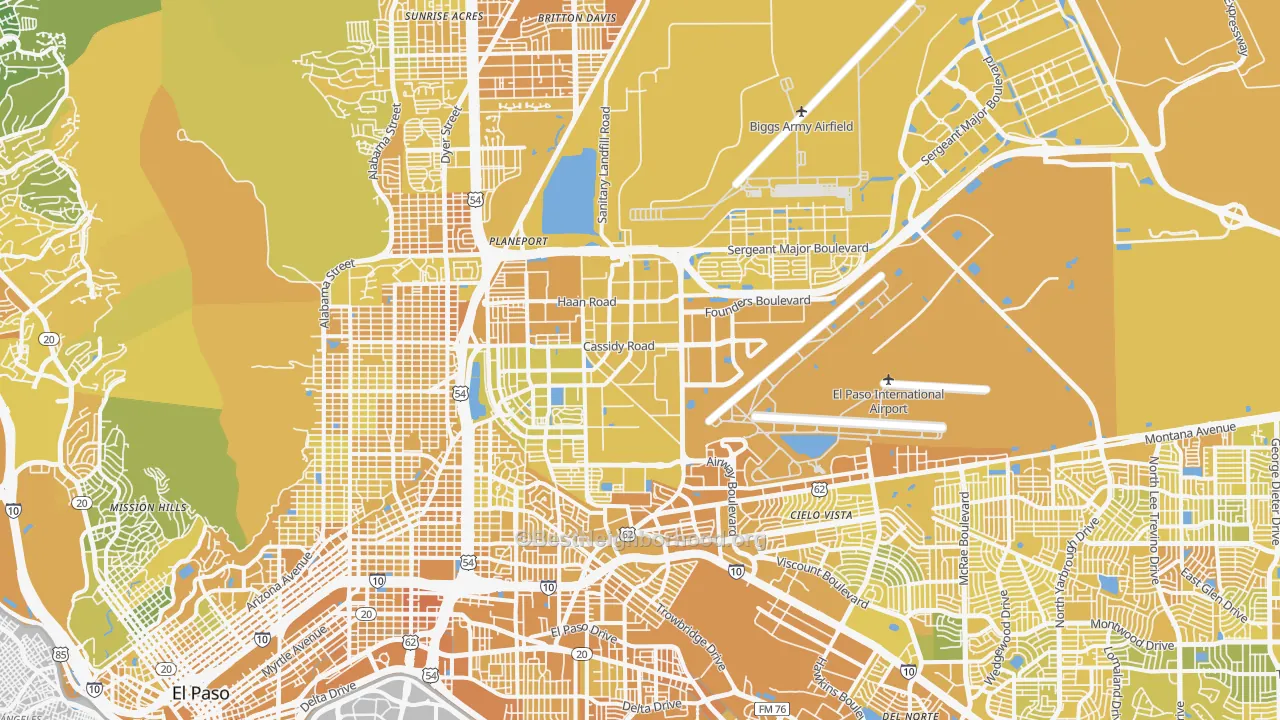 Map of the best neighborhoods in the Fort Bliss area, with better matches in green and worse matches in red