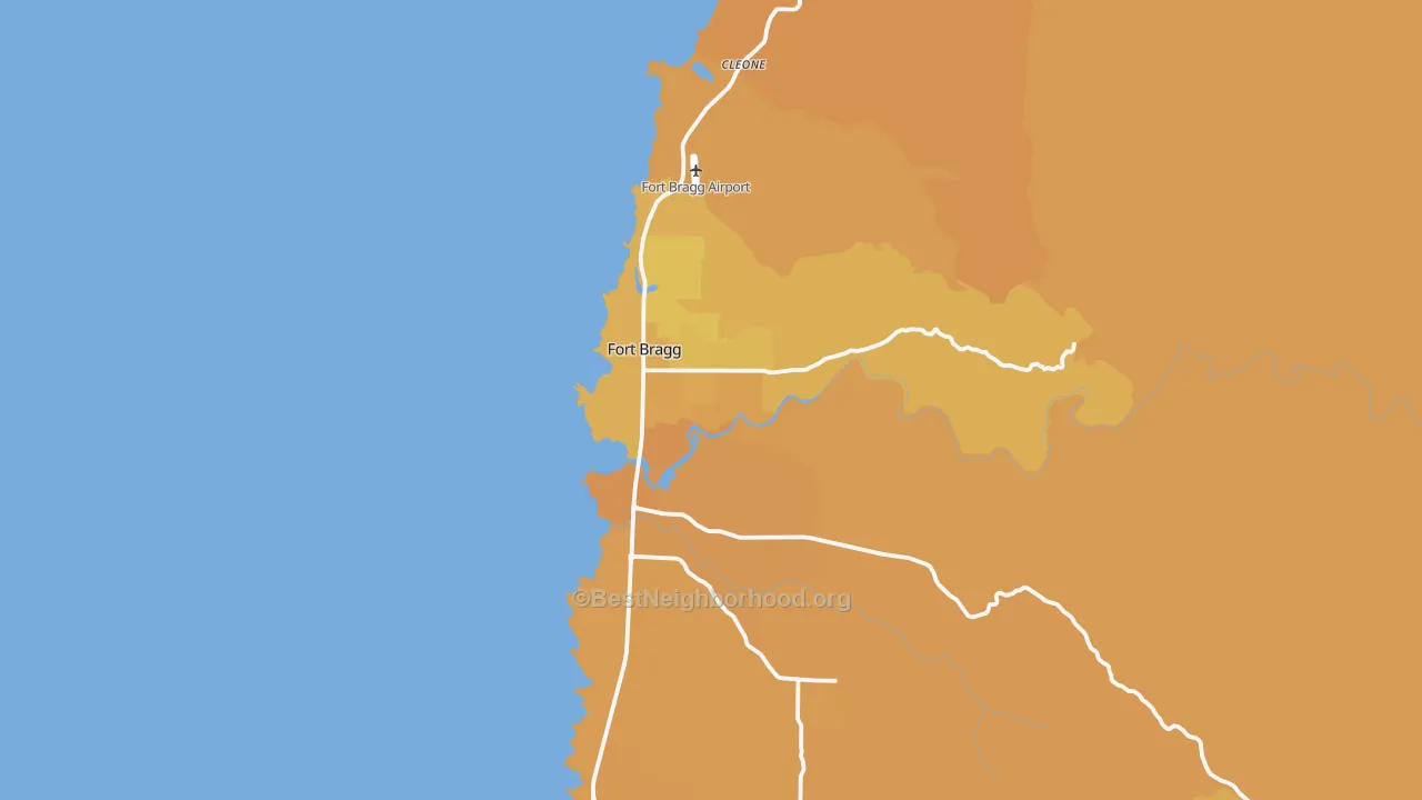 Map of the best neighborhoods in the Fort Bragg area, with better matches in green and worse matches in red