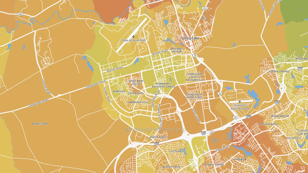 Map of the best neighborhoods in the Fort Bragg area, with better matches in green and worse matches in red
