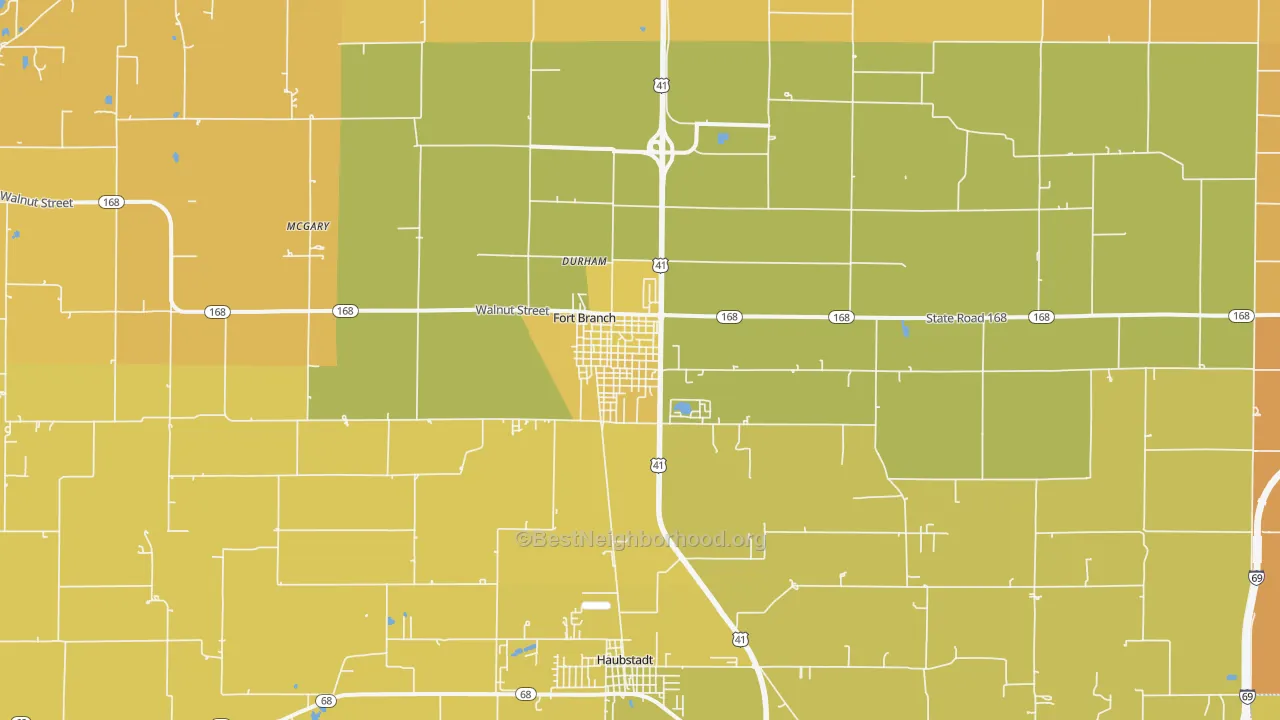 Map of the best neighborhoods in the Fort Branch area, with better matches in green and worse matches in red