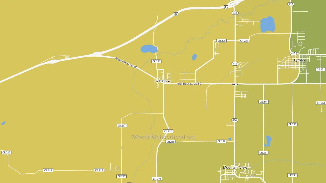 Map of the best neighborhoods in the Fort Bridger area, with better matches in green and worse matches in red