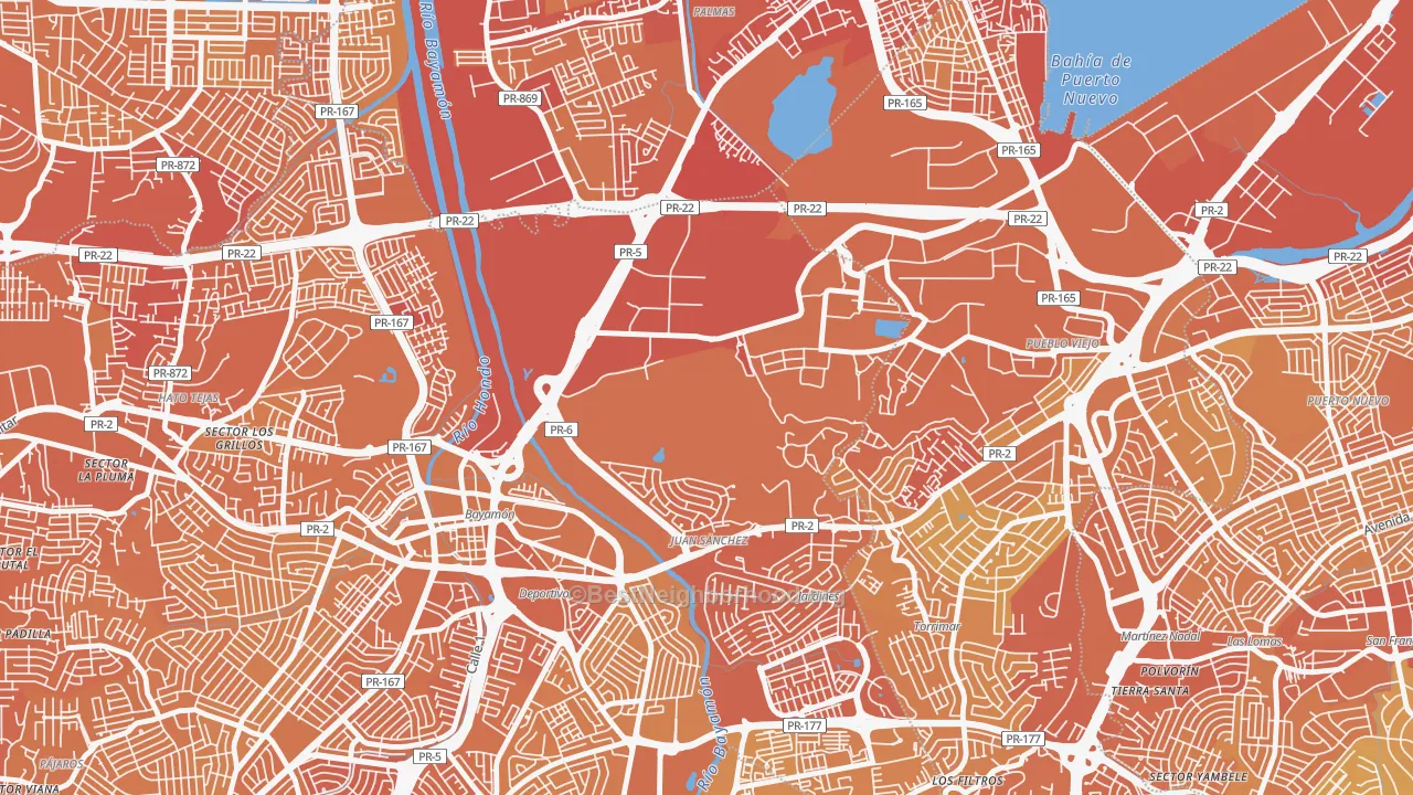 Map of the best neighborhoods in the Fort Buchanan area, with better matches in green and worse matches in red