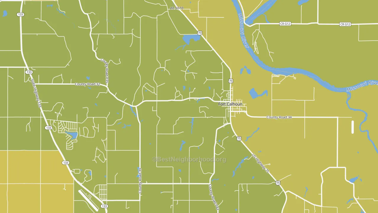 Map of the best neighborhoods in the Fort Calhoun area, with better matches in green and worse matches in red