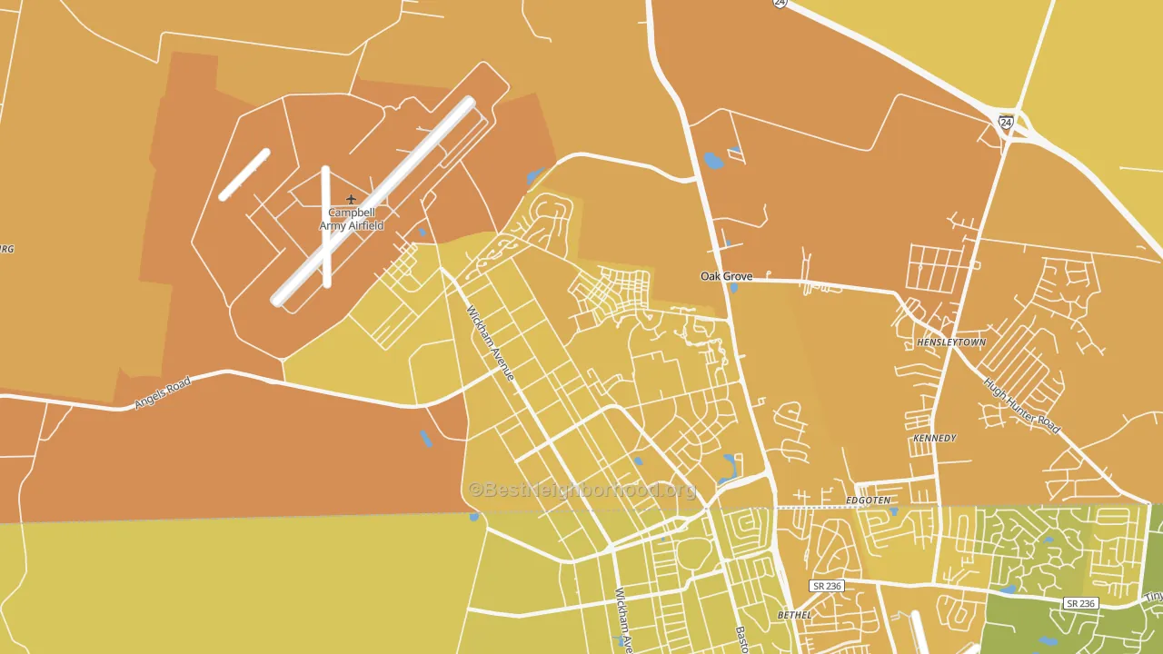 Map of the best neighborhoods in the Fort Campbell North area, with better matches in green and worse matches in red