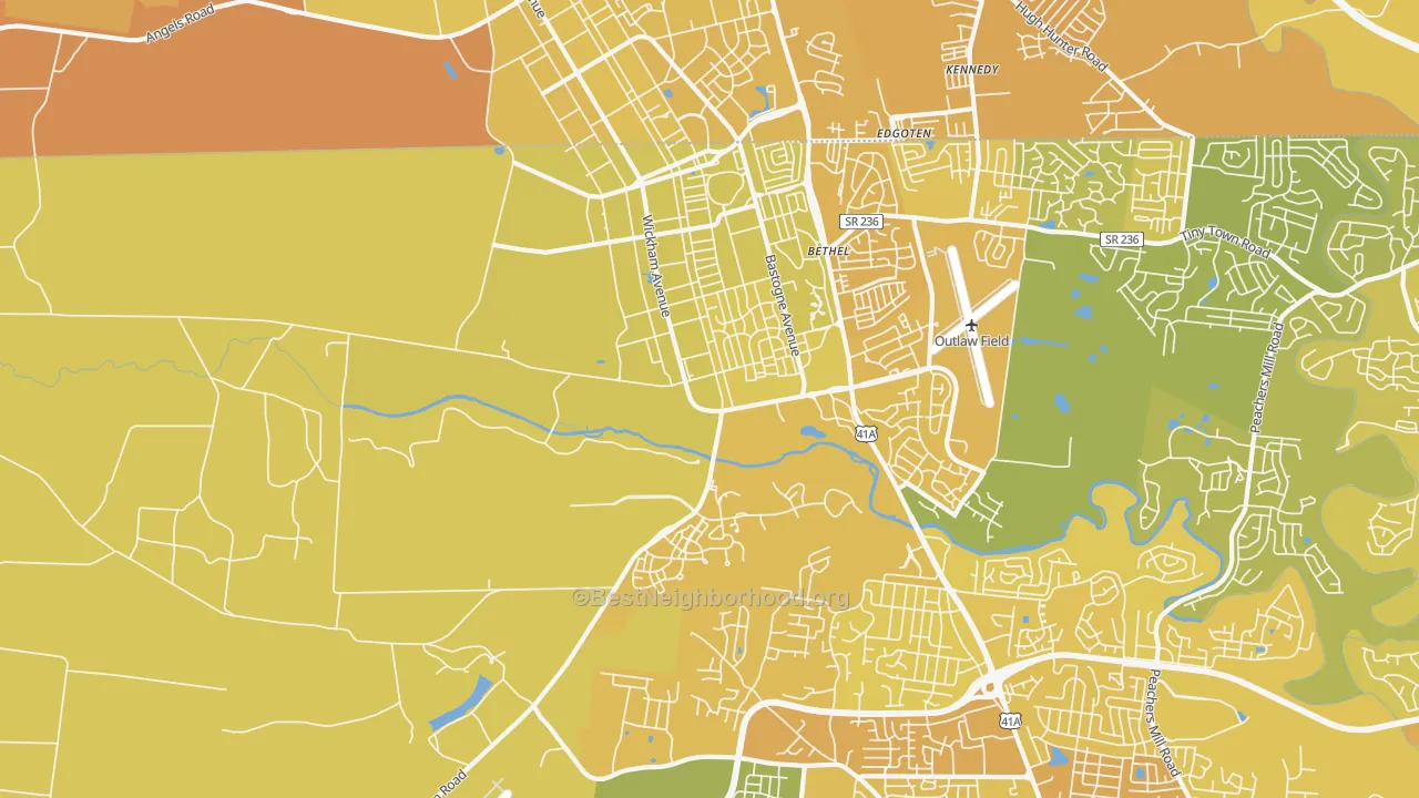 Map of the best neighborhoods in the Fort Campbell area, with better matches in green and worse matches in red