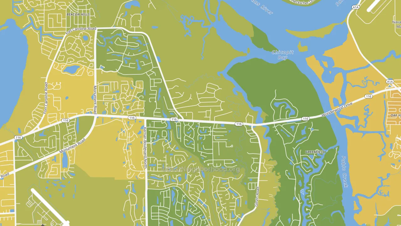 Map of the best neighborhoods in the Fort Caroline Shores, Jacksonville area, with better matches in green and worse matches in red