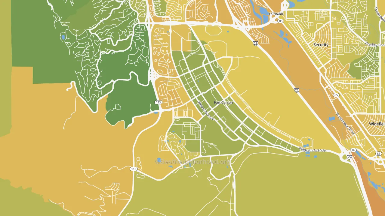 Map of the best neighborhoods in the Fort Carson area, with better matches in green and worse matches in red