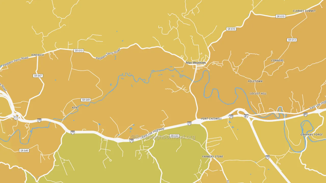 Map of the best neighborhoods in the Fort Chiswell area, with better matches in green and worse matches in red