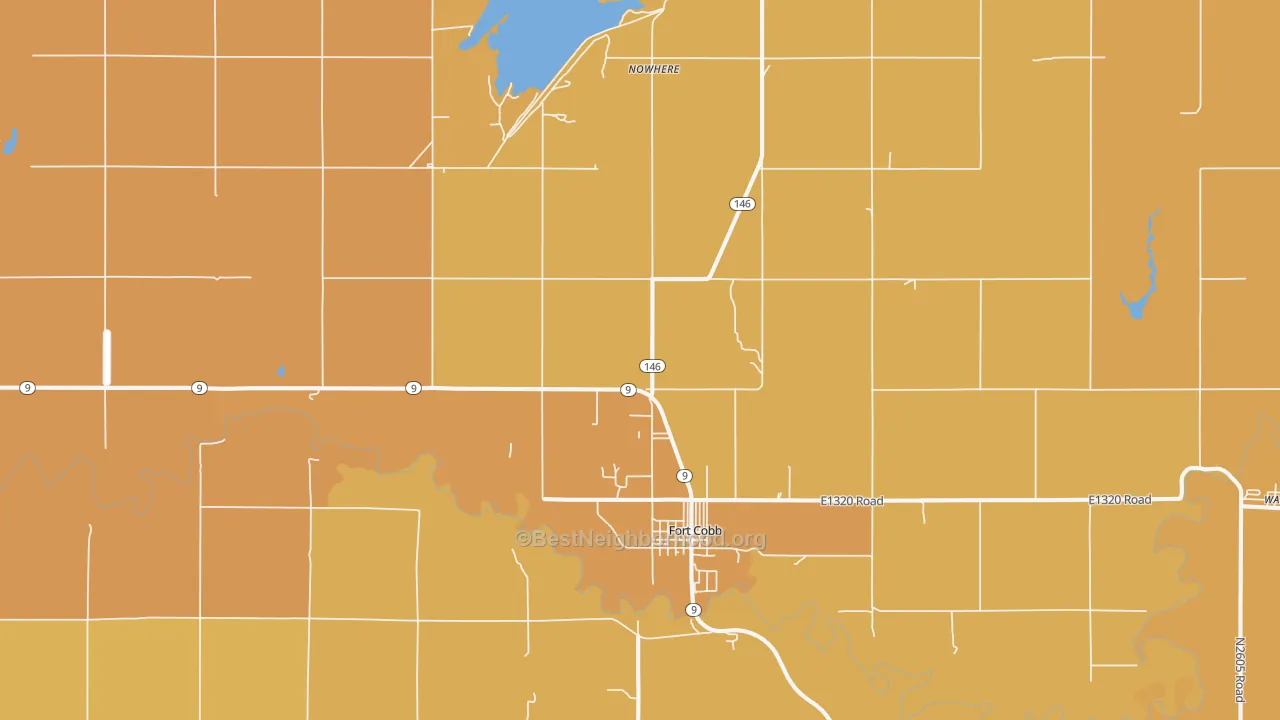 Map of the best neighborhoods in the Fort Cobb area, with better matches in green and worse matches in red
