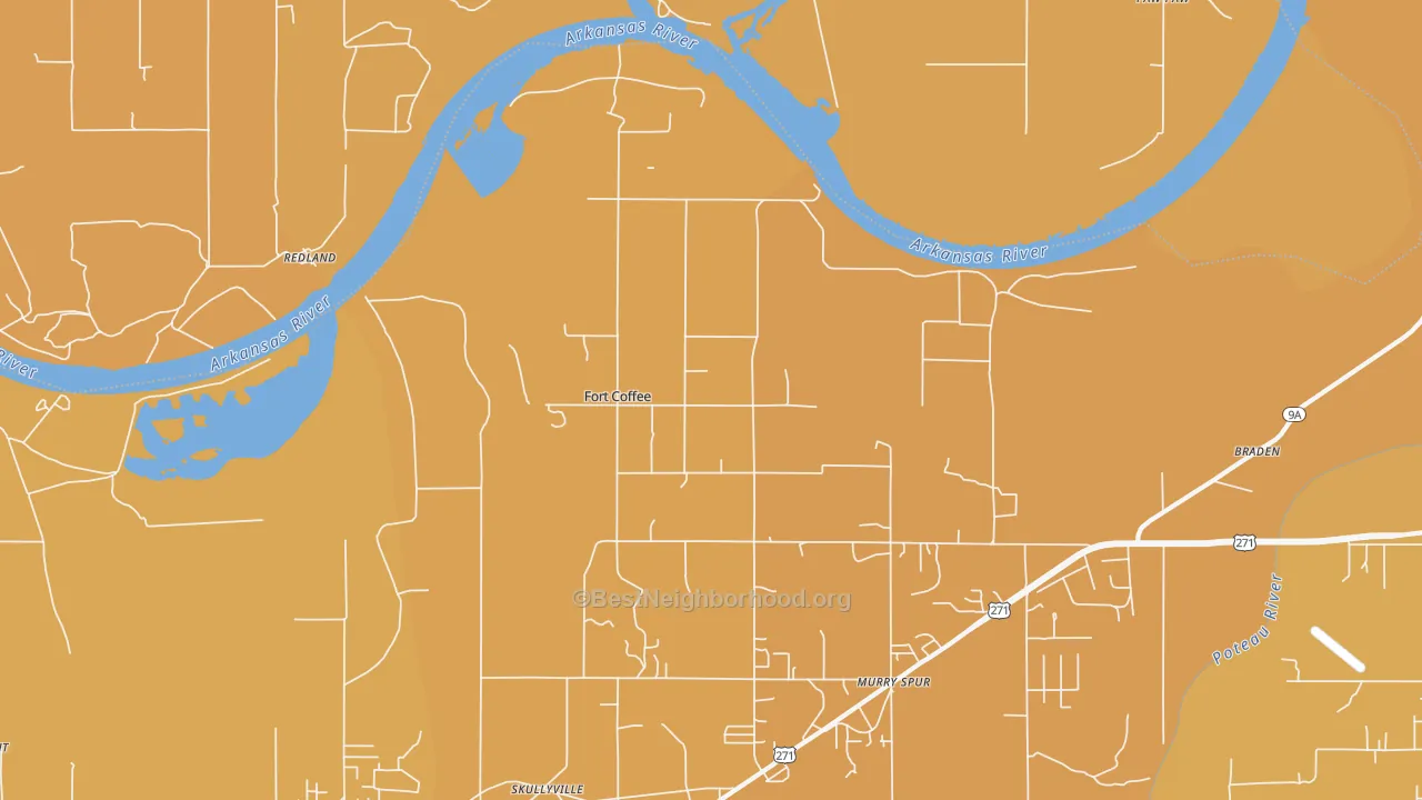 Map of the best neighborhoods in the Fort Coffee area, with better matches in green and worse matches in red