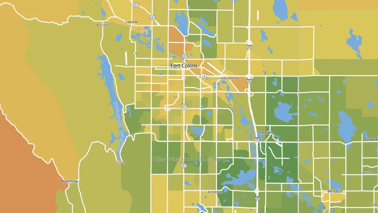 Map of the best neighborhoods in the Fort Collins Metro area, with better matches in green and worse matches in red