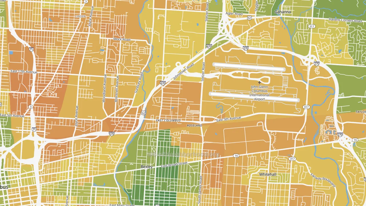Map of the best neighborhoods in the Fort Columbus Airport, Columbus area, with better matches in green and worse matches in red