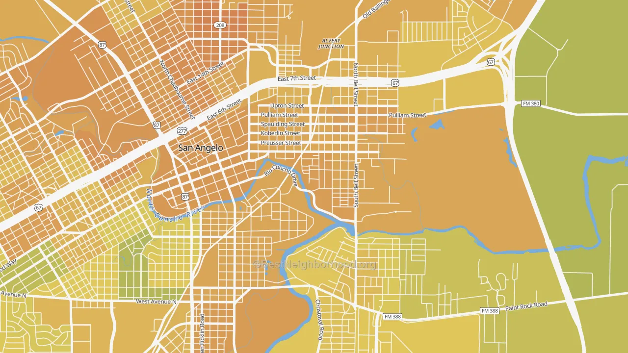 Map of the best neighborhoods in the Fort Concho, San Angelo area, with better matches in green and worse matches in red