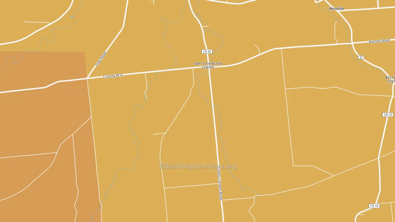 Map of the best neighborhoods in the Fort Covington Center area, with better matches in green and worse matches in red