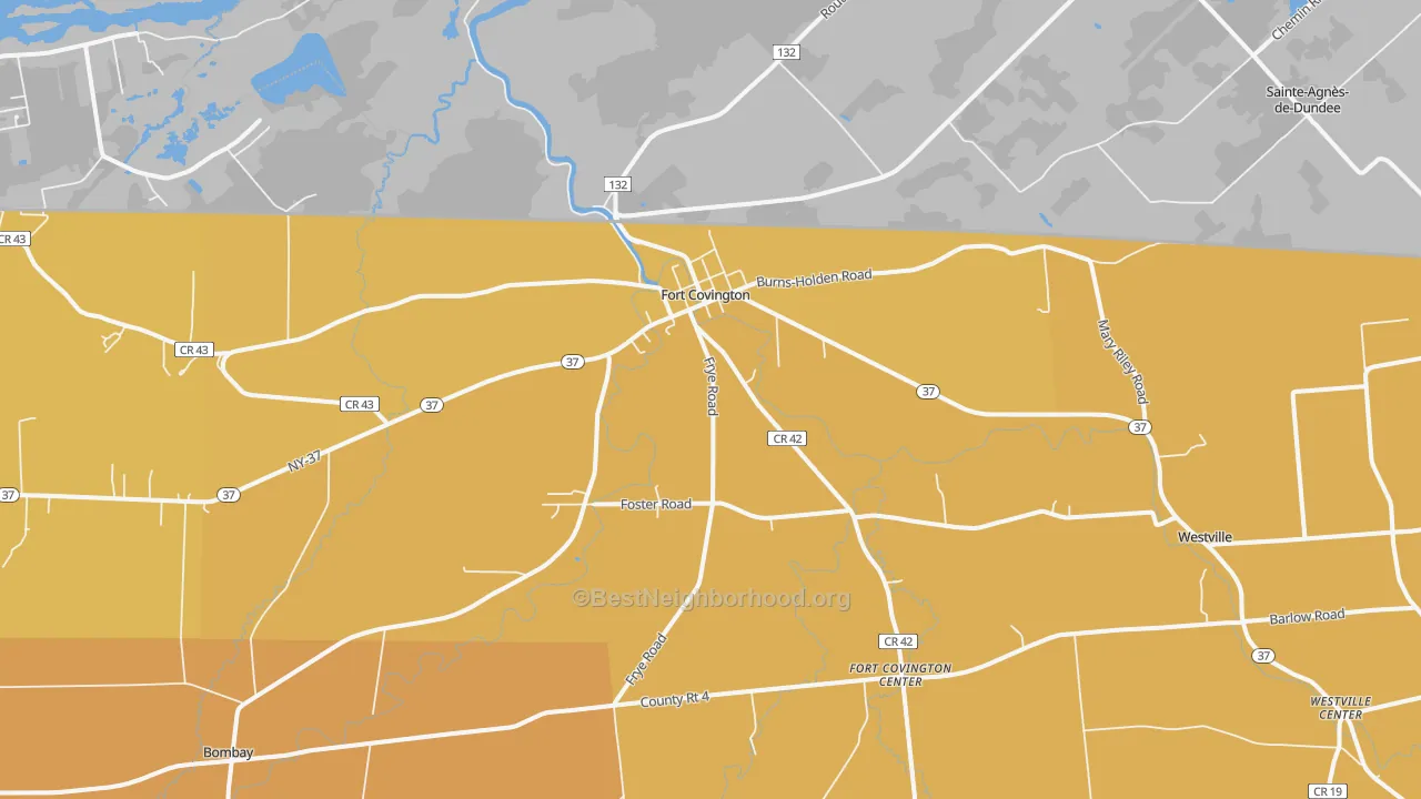 Map of the best neighborhoods in the Fort Covington area, with better matches in green and worse matches in red