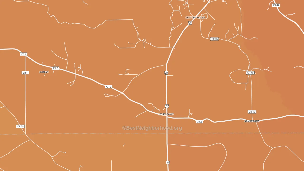 Map of the best neighborhoods in the Fort Davis area, with better matches in green and worse matches in red