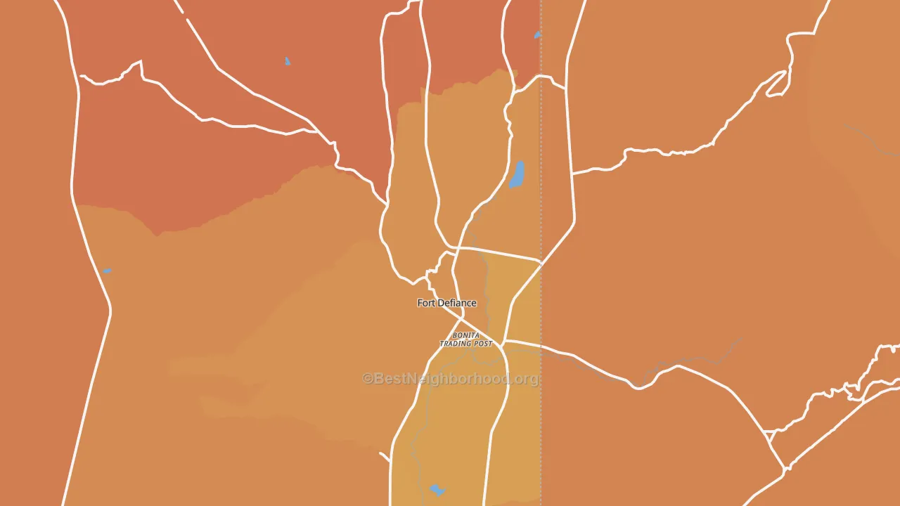 Map of the best neighborhoods in the Fort Defiance area, with better matches in green and worse matches in red
