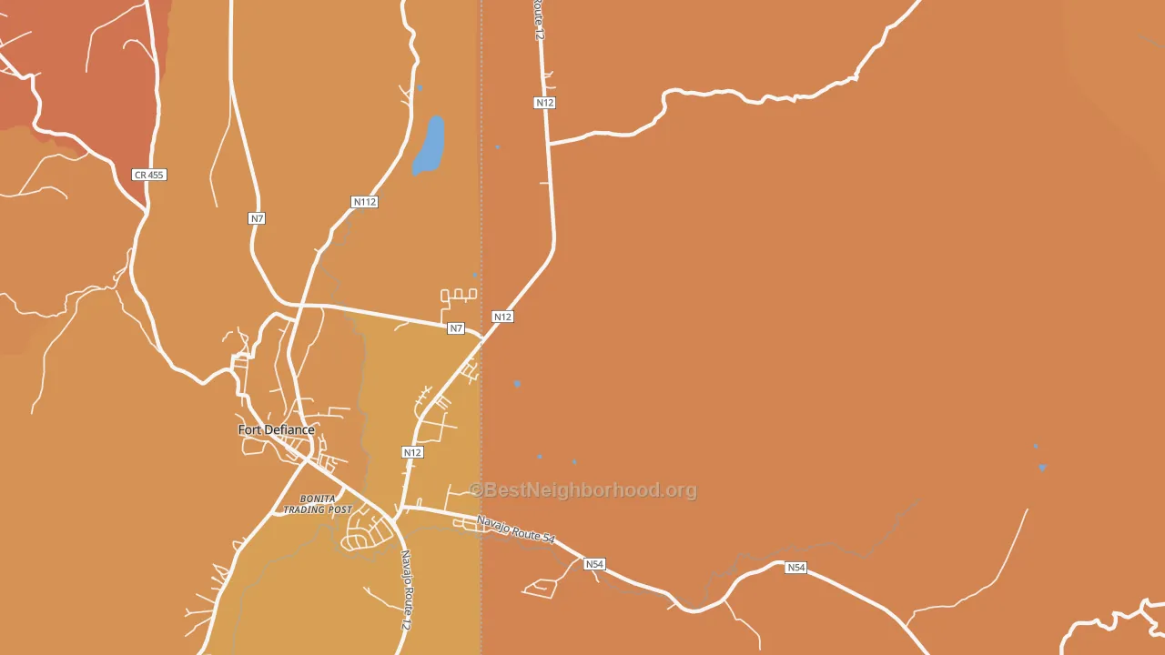 Map of the best neighborhoods in the Fort Defiance area, with better matches in green and worse matches in red