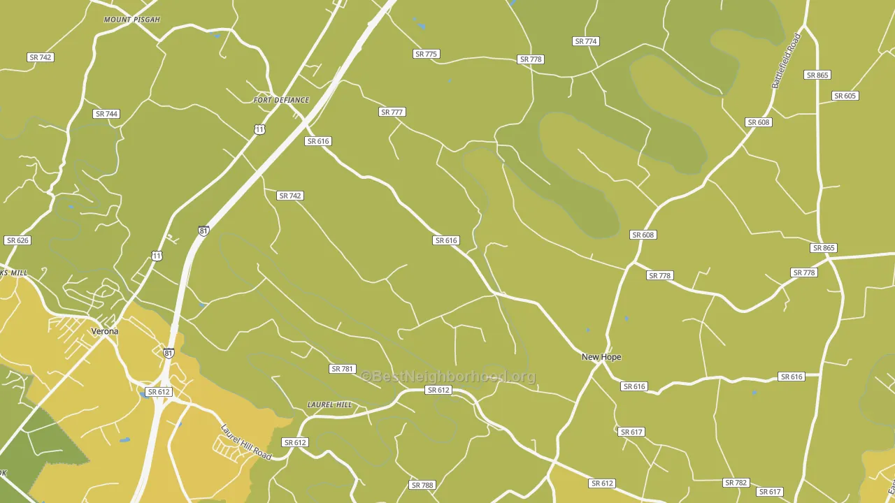 Map of the best neighborhoods in the Fort Defiance area, with better matches in green and worse matches in red