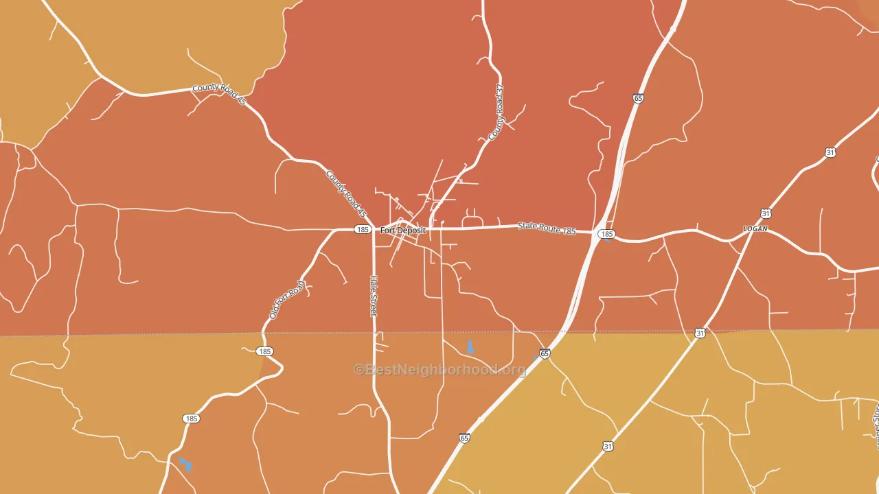Map of the best neighborhoods in the Fort Deposit area, with better matches in green and worse matches in red