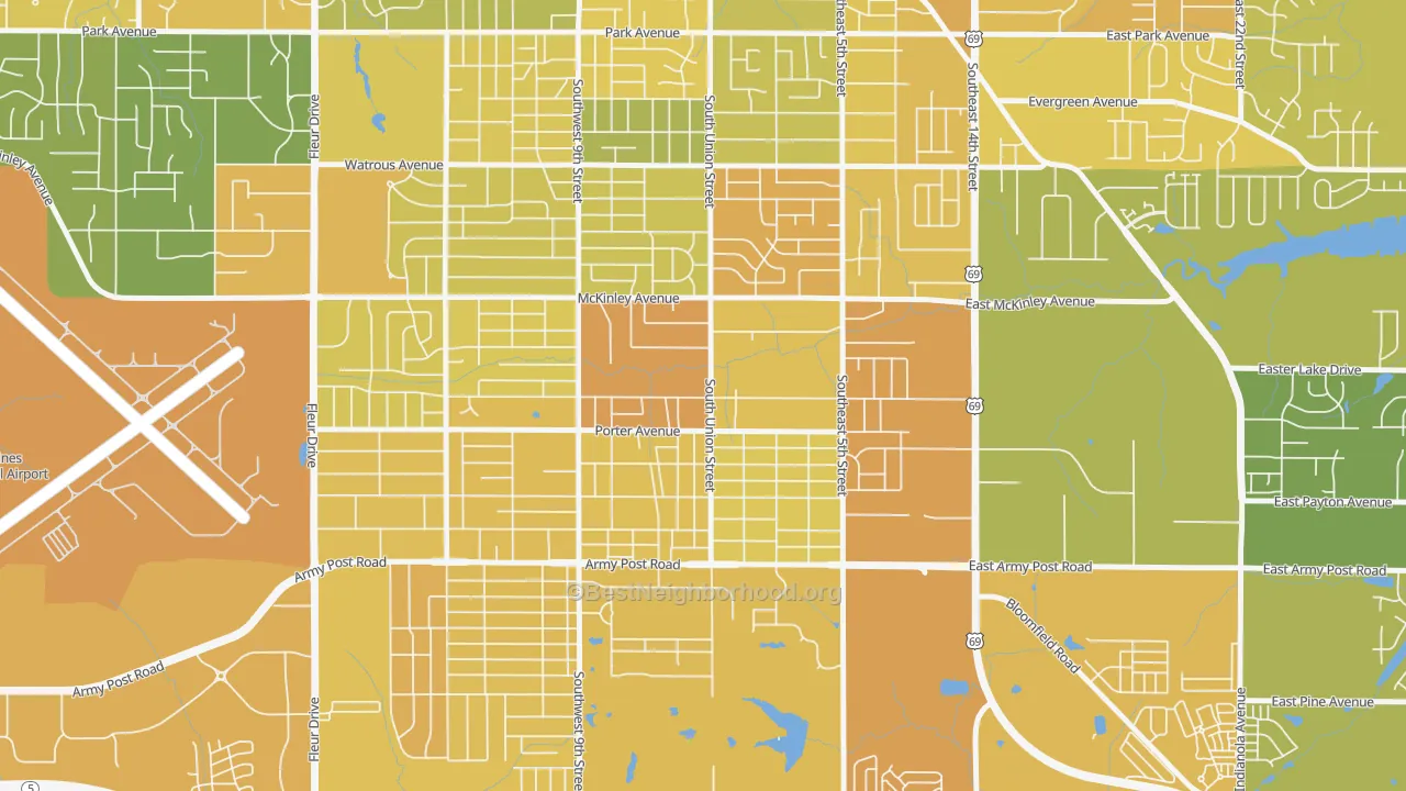 Map of the best neighborhoods in the Fort des Moines, Des Moines area, with better matches in green and worse matches in red