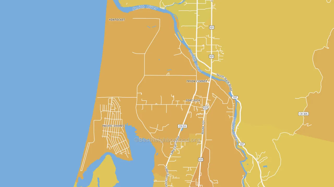 Map of the best neighborhoods in the Fort Dick area, with better matches in green and worse matches in red