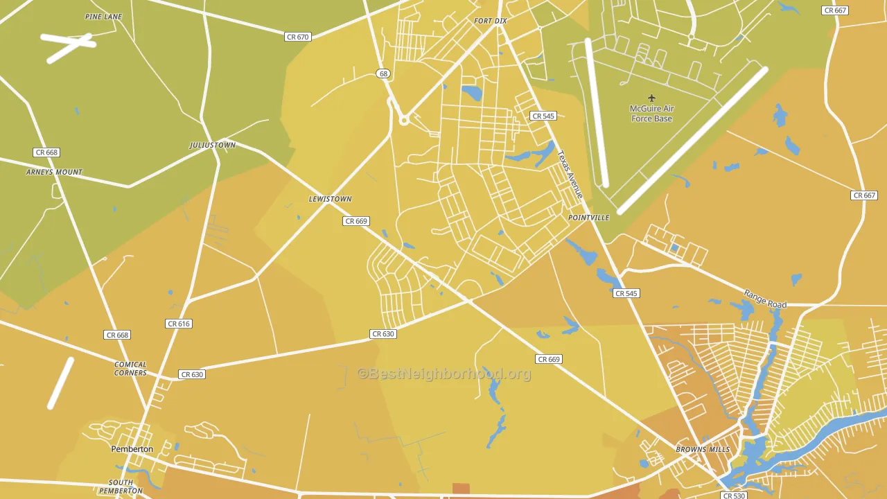 Map of the best neighborhoods in the Fort Dix area, with better matches in green and worse matches in red