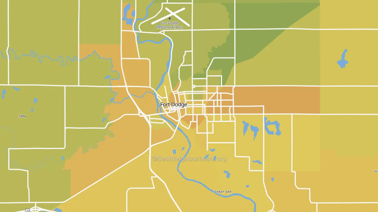 Map of the best neighborhoods in the Fort Dodge area, with better matches in green and worse matches in red