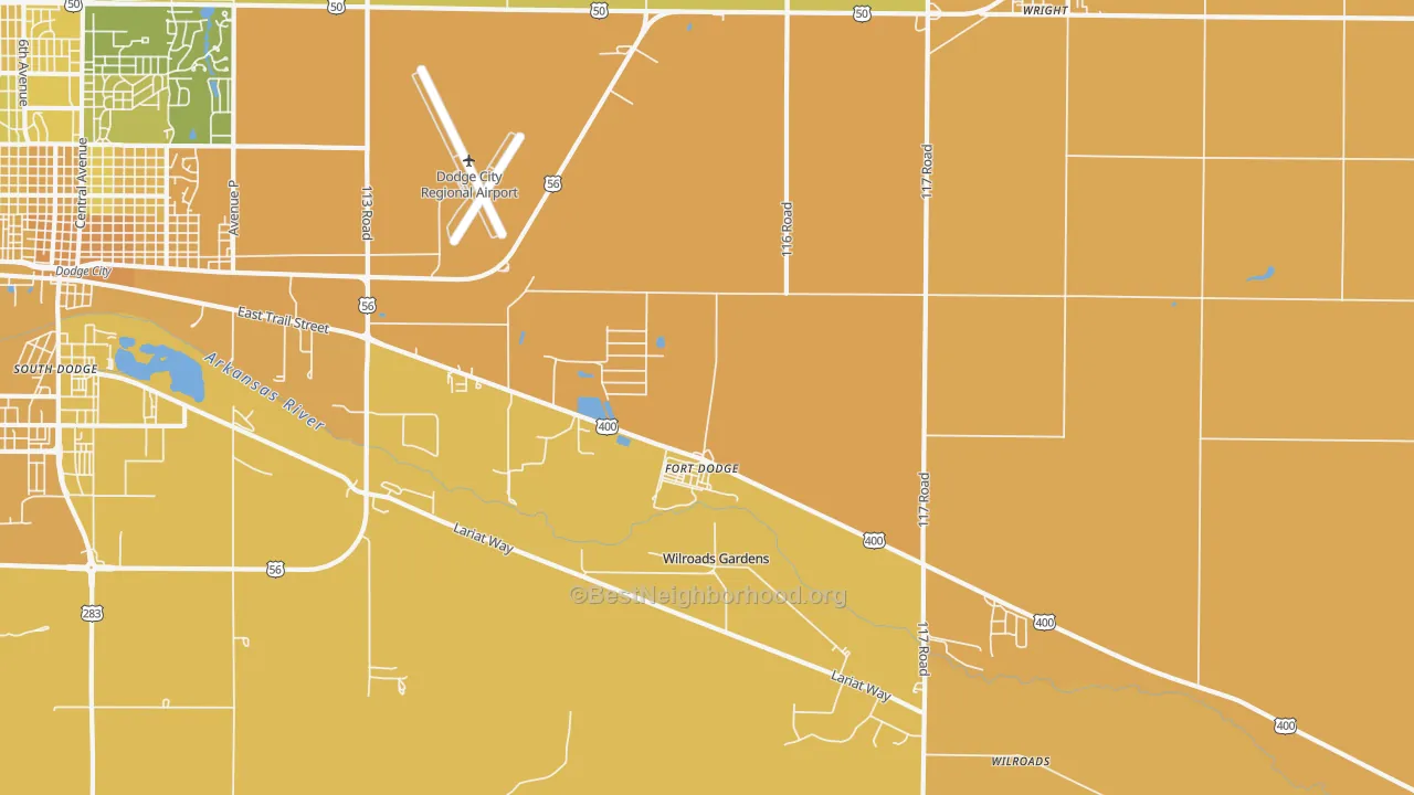 Map of the best neighborhoods in the Fort Dodge area, with better matches in green and worse matches in red