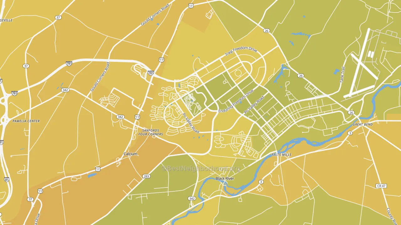 Map of the best neighborhoods in the Fort Drum area, with better matches in green and worse matches in red