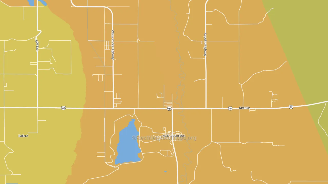 Map of the best neighborhoods in the Fort Duchesne area, with better matches in green and worse matches in red
