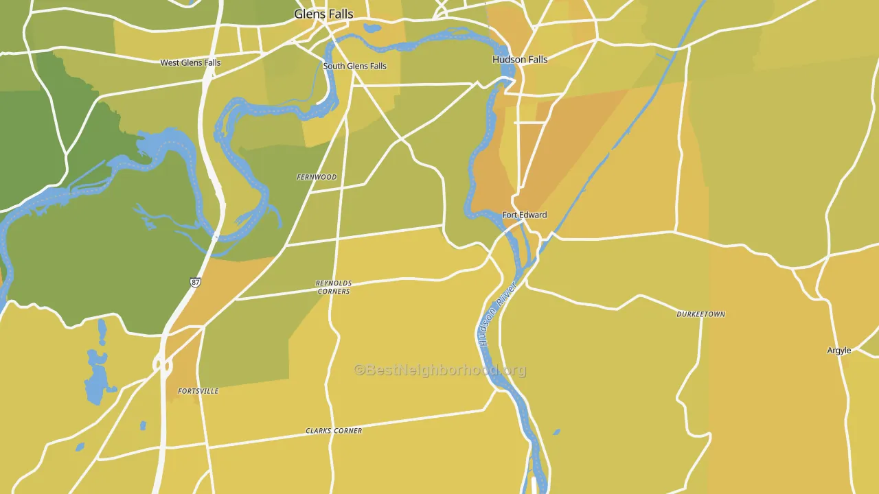 Map of the best neighborhoods in the Fort Edward area, with better matches in green and worse matches in red
