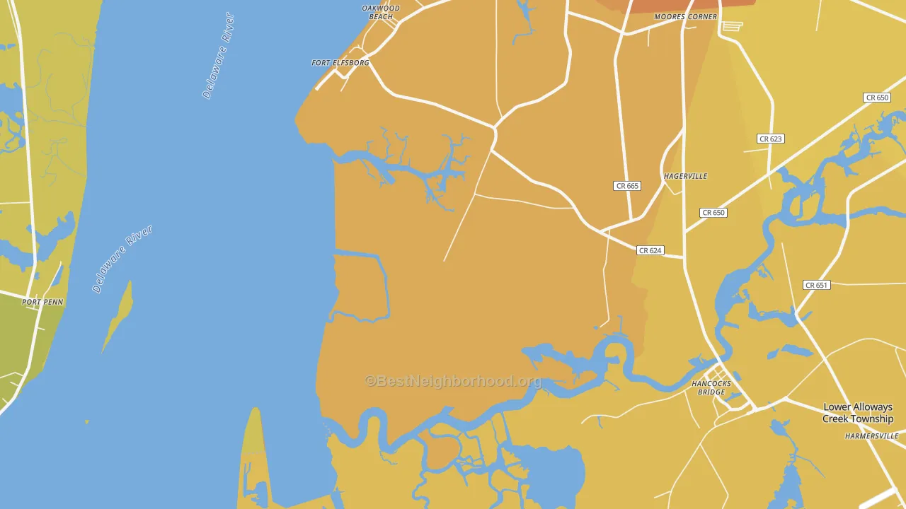Map of the best neighborhoods in the Fort Elfsborg area, with better matches in green and worse matches in red