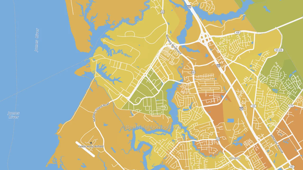 Map of the best neighborhoods in the Fort Eustis area, with better matches in green and worse matches in red