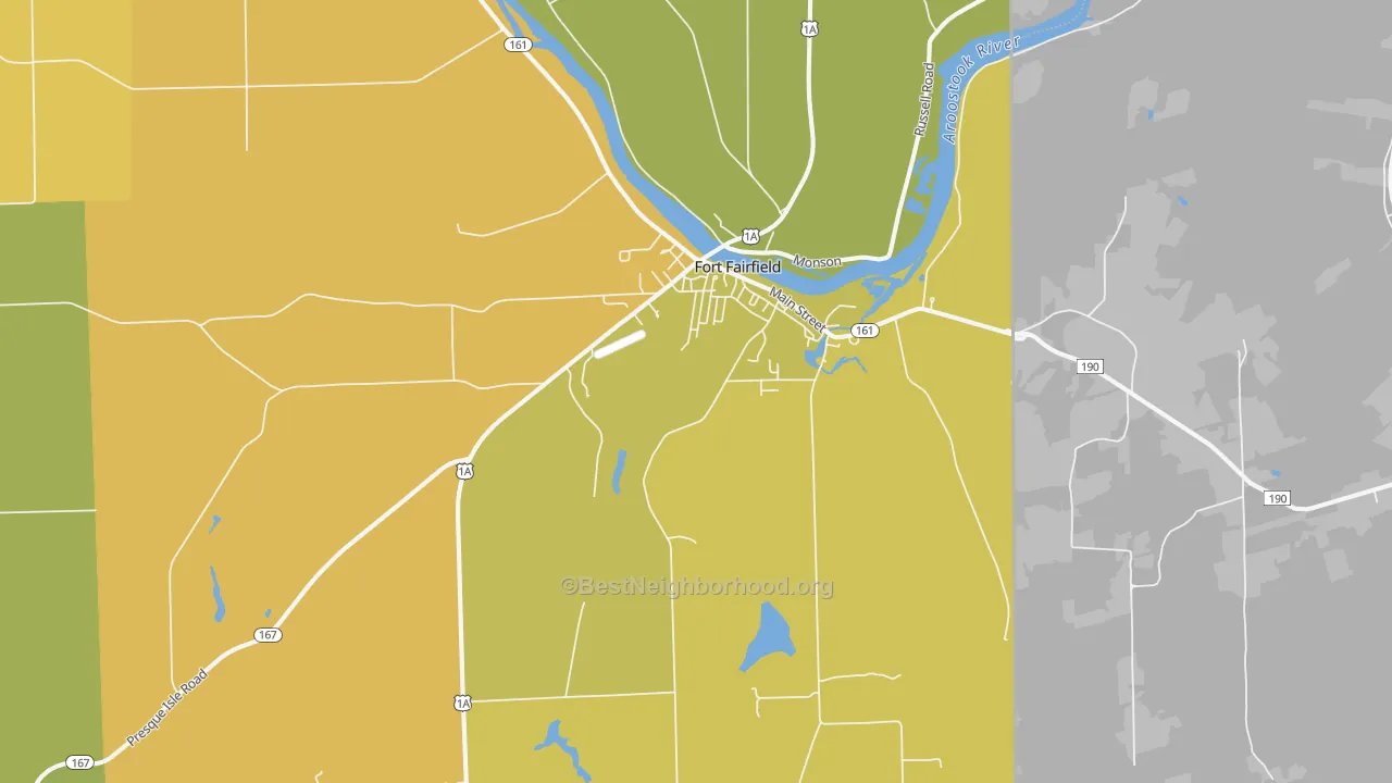 Map of the best neighborhoods in the Fort Fairfield area, with better matches in green and worse matches in red