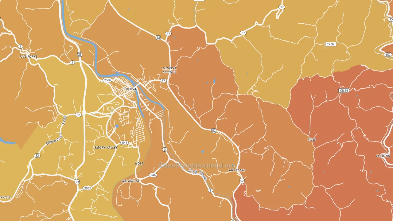 Map of the best neighborhoods in the Fort Gay area, with better matches in green and worse matches in red