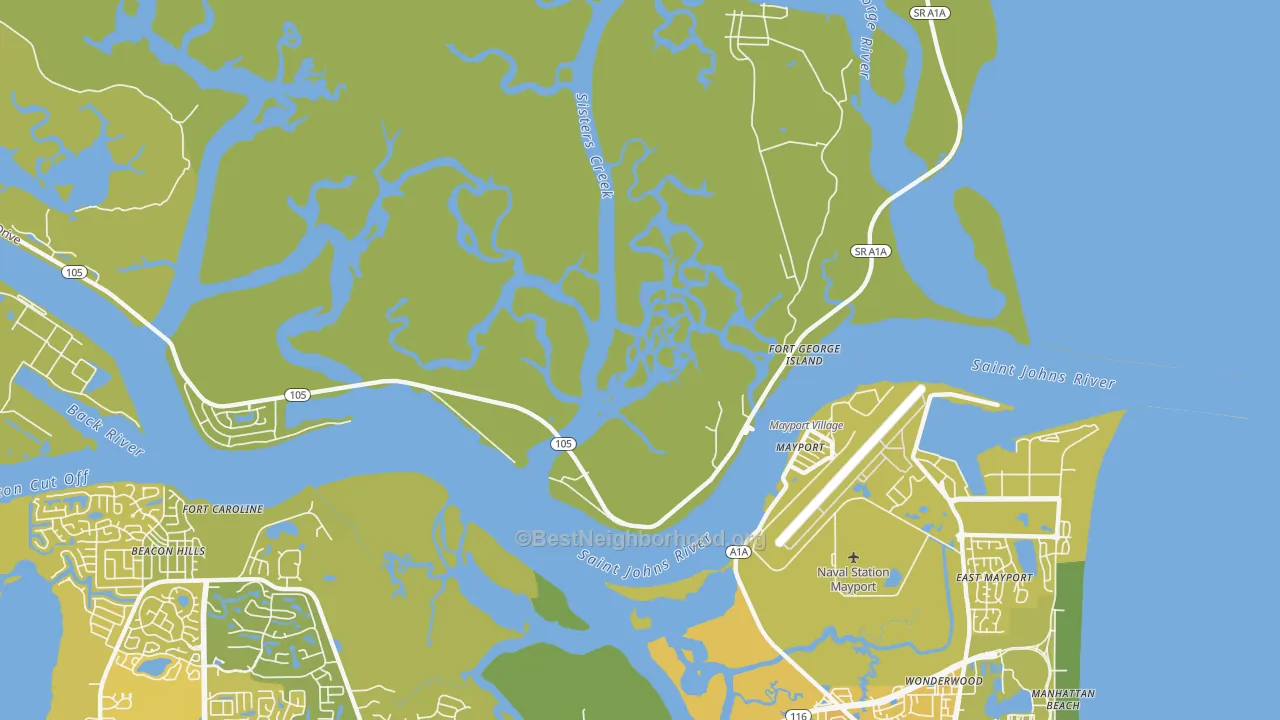 Map of the best neighborhoods in the Fort George Island area, with better matches in green and worse matches in red