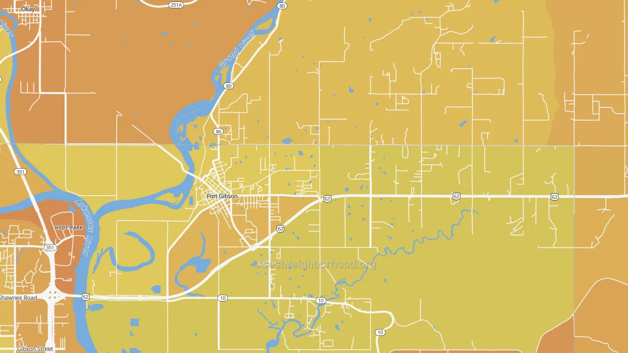Map of the best neighborhoods in the Fort Gibson area, with better matches in green and worse matches in red