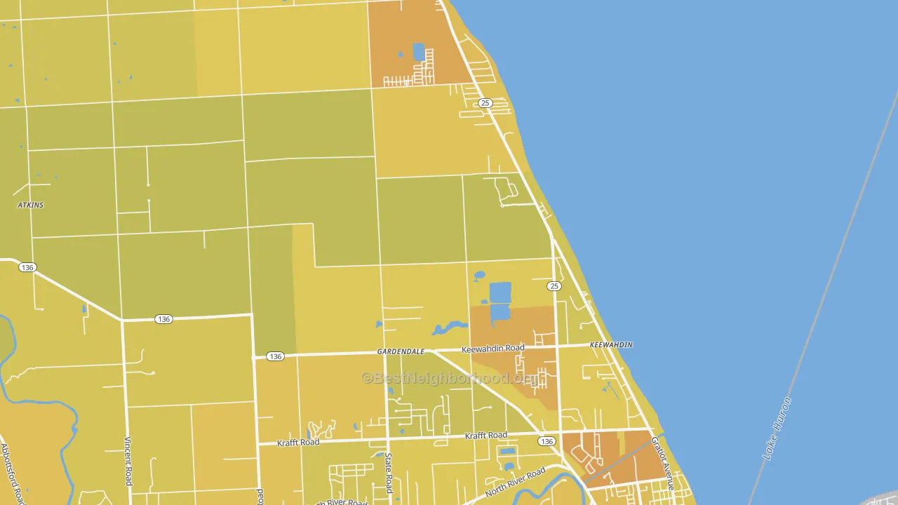 Map of the best neighborhoods in the Fort Gratiot area, with better matches in green and worse matches in red